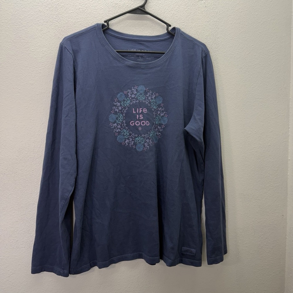 Life Is Good Crusher Women's Long Sleeve Shirt Size Large Blue Floral Boho Logo